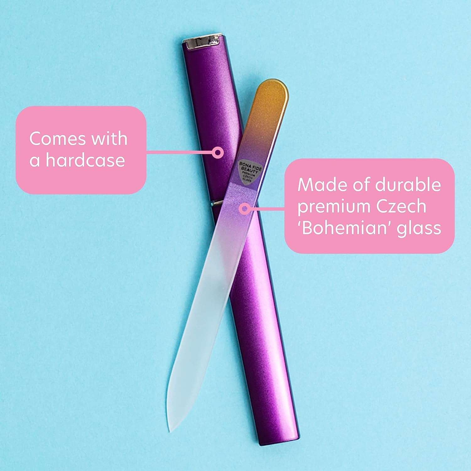 Czech Glass Nail File with Case, Crystal Fingernail File for Manicure Nail Care with Case (Gold Violet)