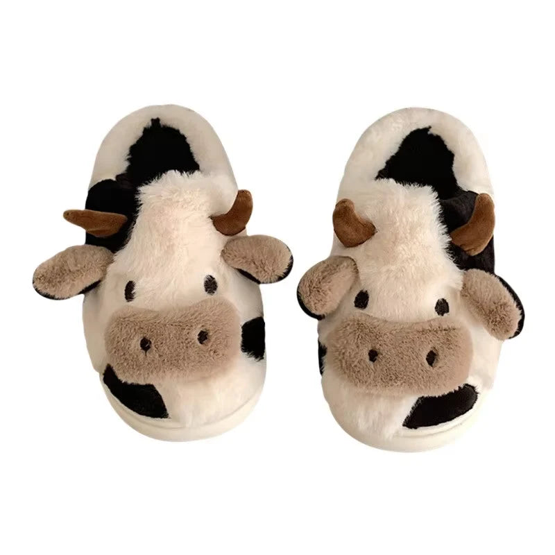 Women'S Cartoon Cute Cow House Slippers Warm plus Lined Closed Toe Fuzzy Home Slides