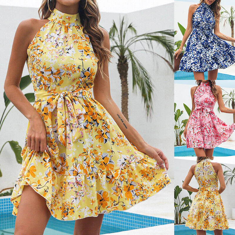 New Flowers Print Halterneck Dress Summer Fashion Temperament Lace-Up Ruffled Dress