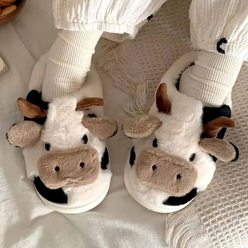 Women'S Cartoon Cute Cow House Slippers Warm plus Lined Closed Toe Fuzzy Home Slides