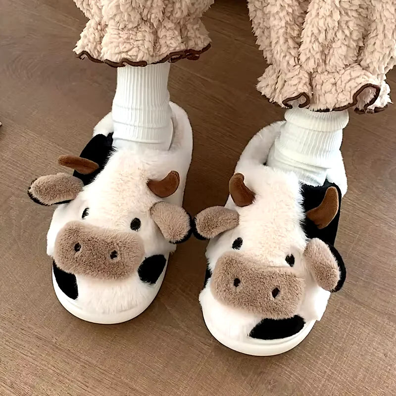 Women'S Cartoon Cute Cow House Slippers Warm plus Lined Closed Toe Fuzzy Home Slides