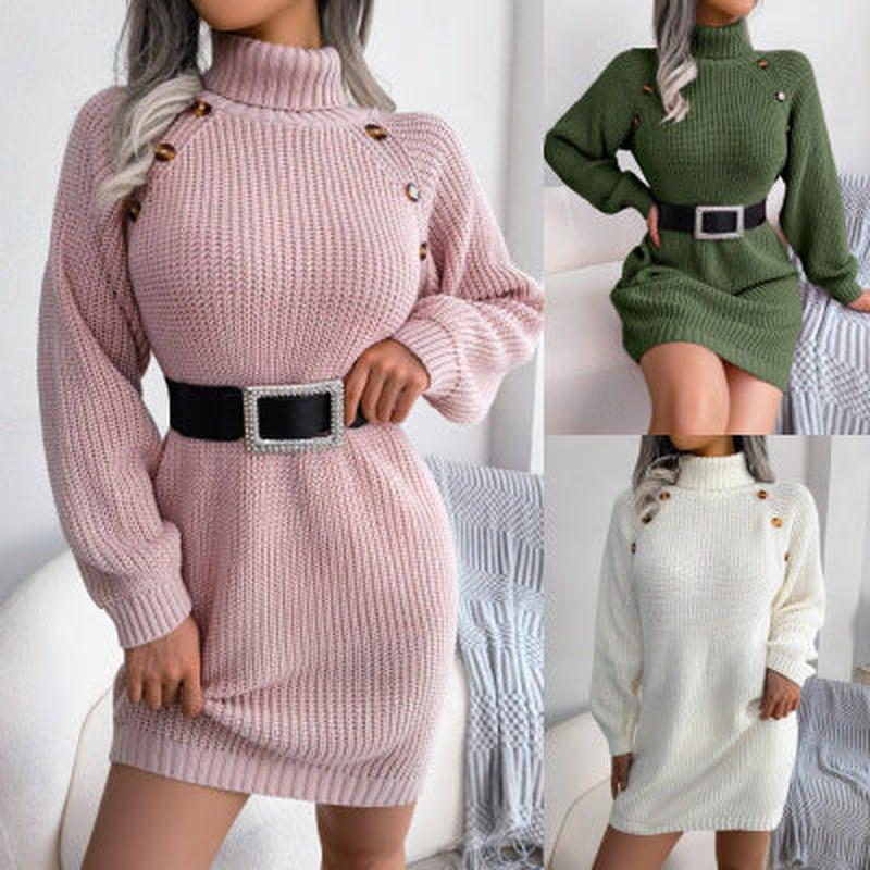 Winter Turtleneck Long Sweater Dress with Button Design Leisure Clinch Long Sleeve