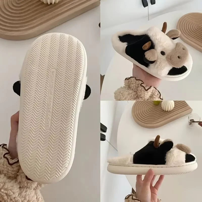 Women'S Cartoon Cute Cow House Slippers Warm plus Lined Closed Toe Fuzzy Home Slides