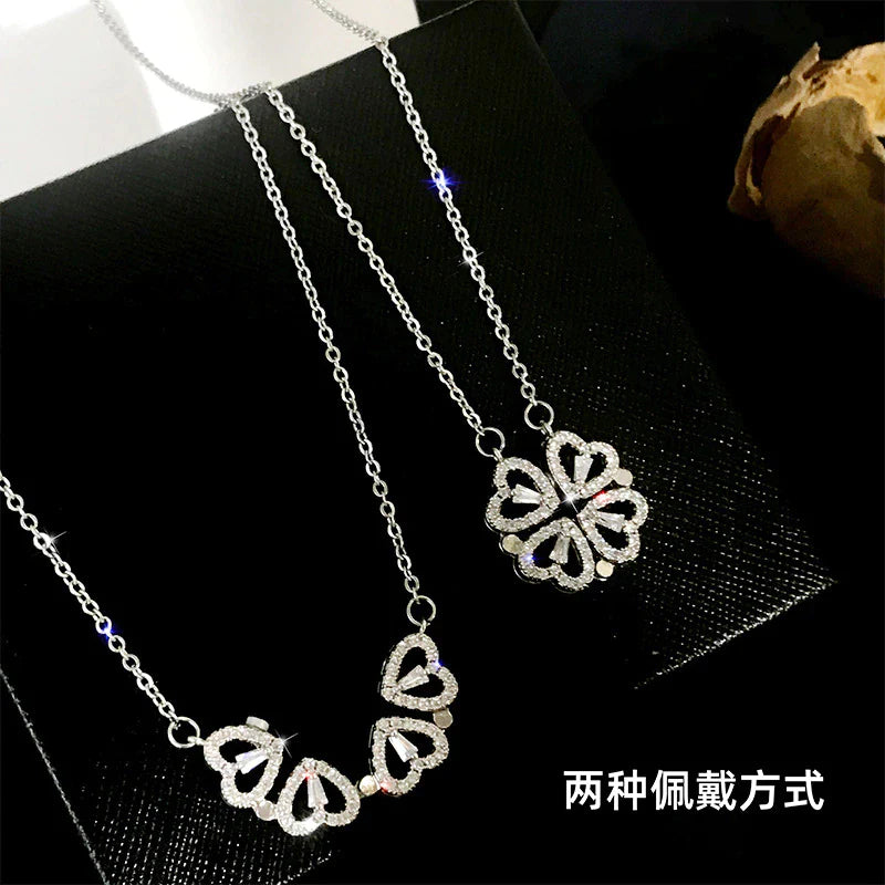 Creative Magnetic Folding Heart-Shaped Four-Leaf Clover Pendant Necklace Popular Jewelry Two Ways to Wear