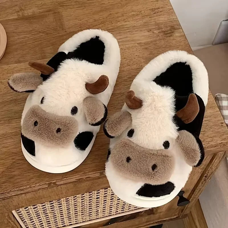 Women'S Cartoon Cute Cow House Slippers Warm plus Lined Closed Toe Fuzzy Home Slides