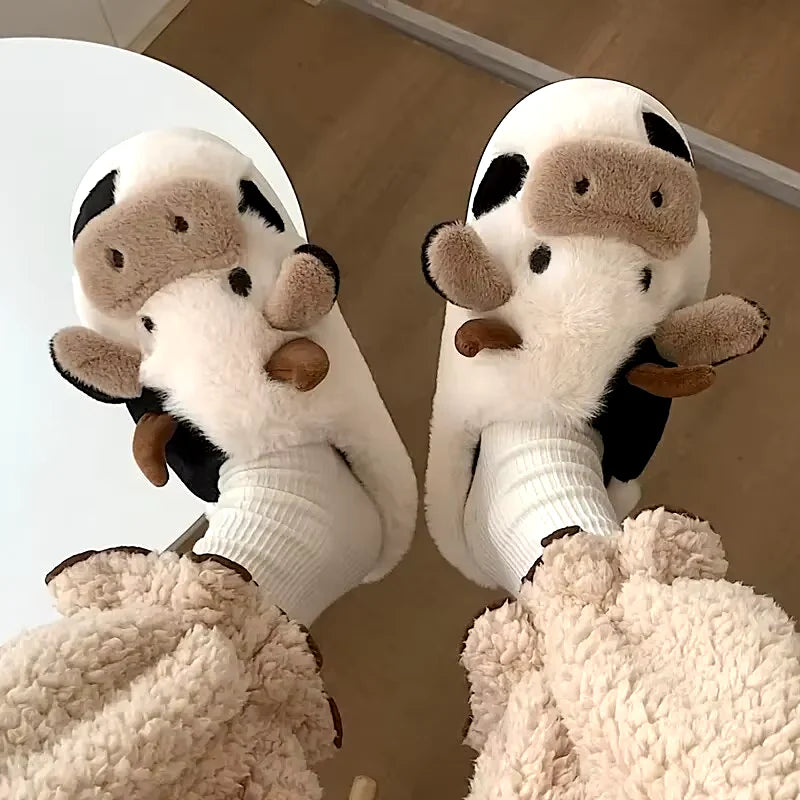 Women'S Cartoon Cute Cow House Slippers Warm plus Lined Closed Toe Fuzzy Home Slides