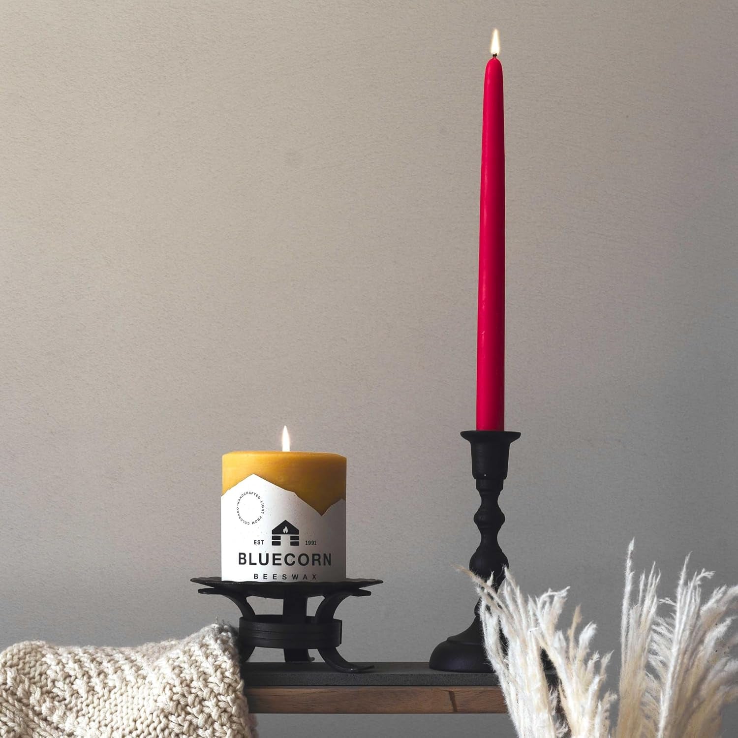 Bluecorn 100% Pure Beeswax Taper Candles | Natural Beeswax Candles, Red Unscented Tapered Candles | Soy, Paraffin & Fragrance Free | 8 Inch Candles, Pair - Two Bright Red Candlesticks